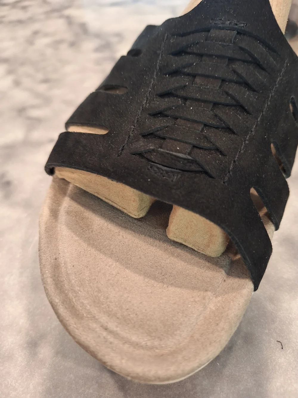 EARTH ORIGINS 12M Black Strappy Sandals with Soft Beige Suede Footbed